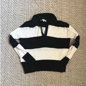 Loft Striped Polo Sweater Black White Ribbed V-Neck Knit Top Size M